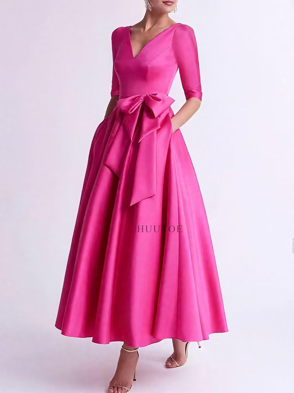 Half Sleeve Mother of The Bride Dresses for Women Tea Length Satin V Neck Formal Wedding Evening Gowns with Bow - Image 2