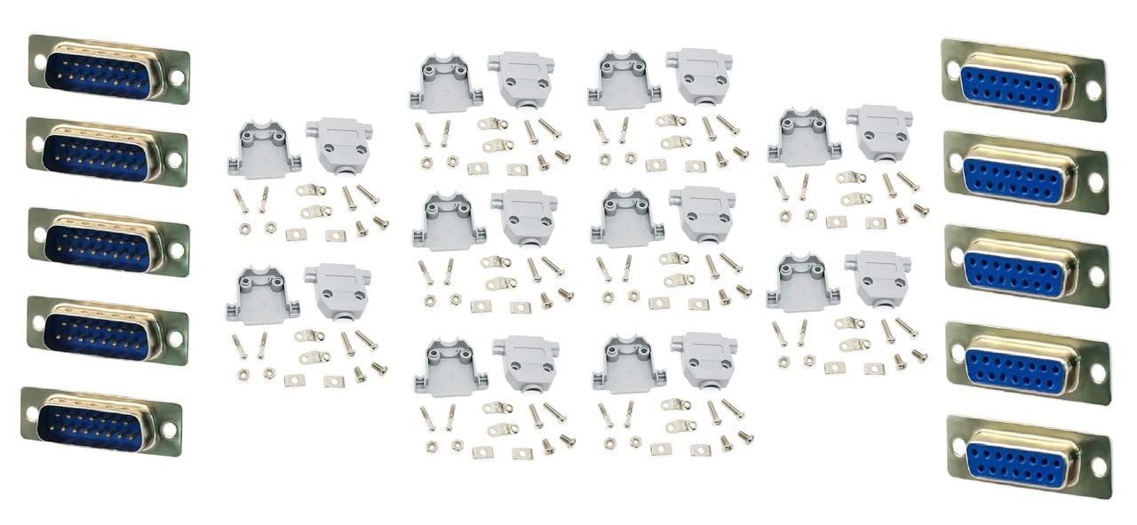 5 Pair DB15 Connector Male and Female Pair 15 Pin Electrical RS232 D-SUB Connector Solder Type 2 Row Male and Female Pair with Cover Case for Multiple Application-image-43
