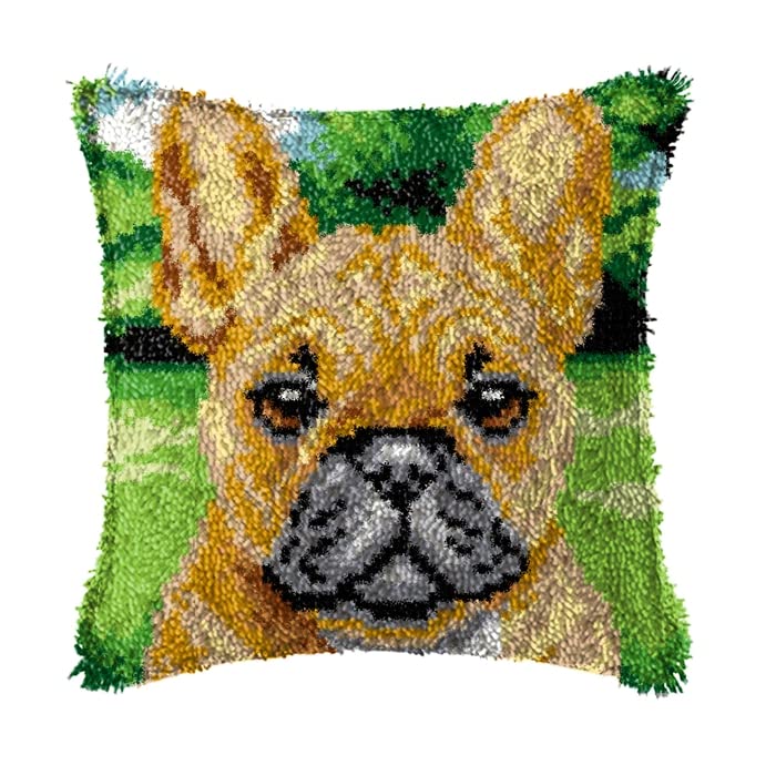 Image of Bulldog Latch Hook Kits Pillow Crochet Yarn Rug Pre-Printed Cushion DIY Needlework Pillowcase Hook and Latch Kit Christmas Home Sofa Decoration 43x43cm