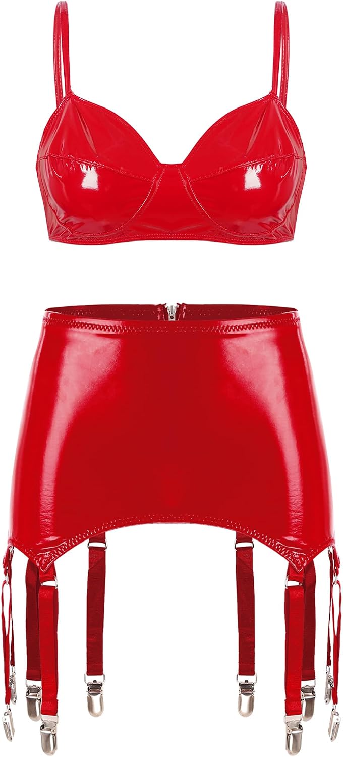 Freebily Women's Shiny Metallic Rave Party Outfits Bra Crop Tops with Solid Liquid Skirts for Holiday