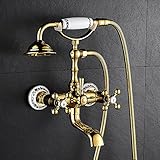 Matériel: Cuivre Robinet de baignoire en or baril de cuivre robinet de baignoire vertical douche dans le robinet de baignoire de chaise de type mur, porcelaine bleue et blanche classique à sept voies dorées