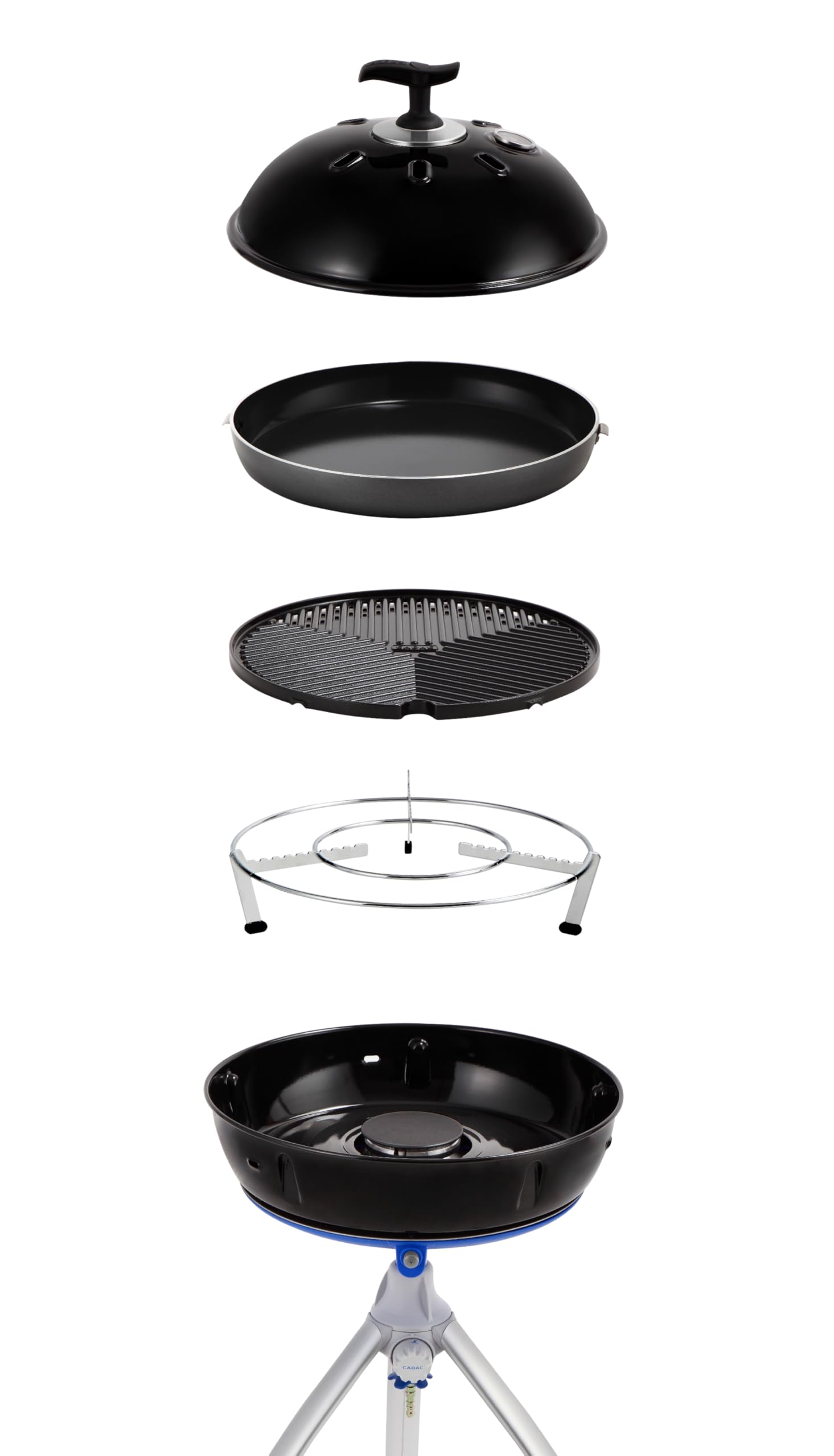 CADAC Grillo Chef 40 BBQ - 30 mbar – Barbecue de camping portable 40 cm avec grille GreenGrill antiadhésive - couvercle avec thermomètre et support pour casseroles - Utilisation en extérieur