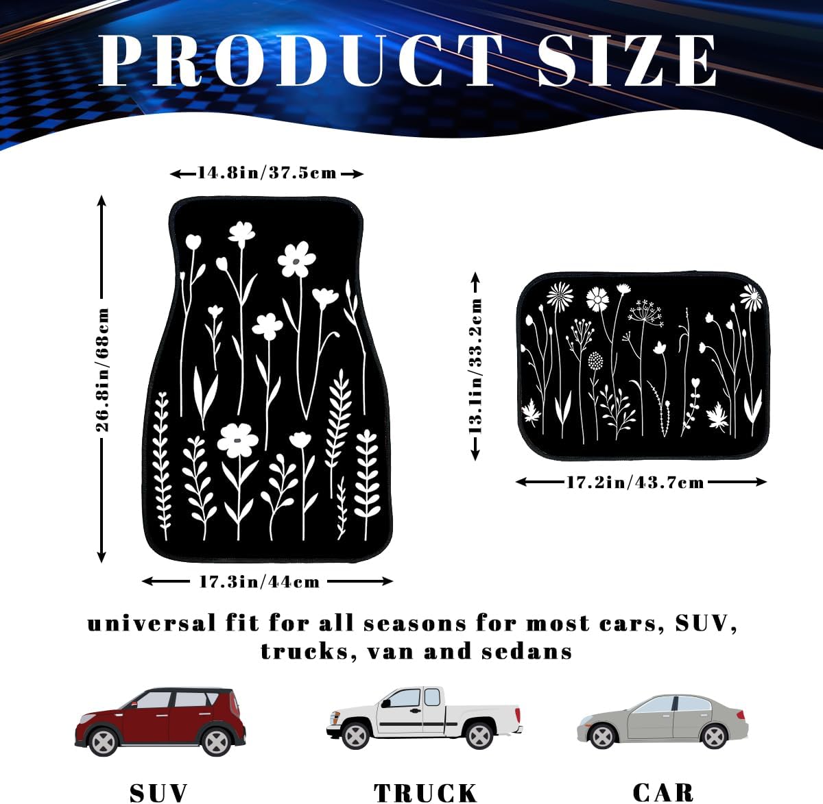 Botanical Car Floor Mats Set of 4 Black White Minimalist Floral Silhouette Automotive Foot Mats Rugs Carpet for Car Non-Slip Auto Car Accessories Universal Fit Car Accessories for Truck