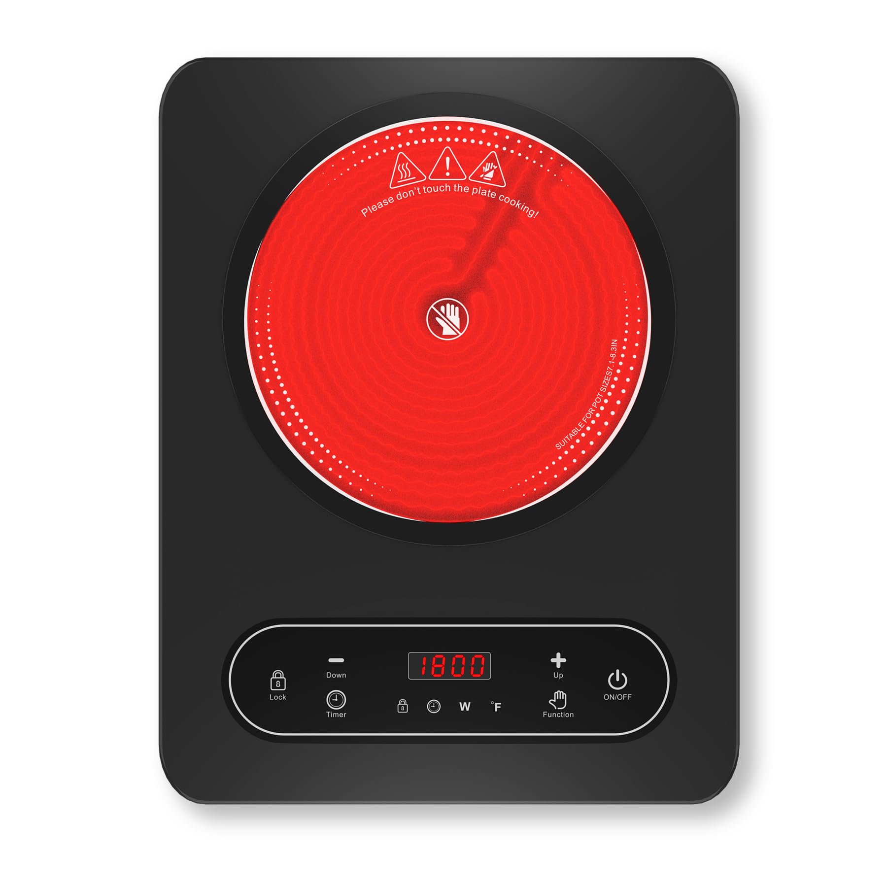 Cocina eléctrica de un solo quemador, estufa eléctrica de 110 V 1800 W con control táctil LED, 10 niveles de potencia, 4 horas, bloqueo de seguridad, cocina portátil, protección contra