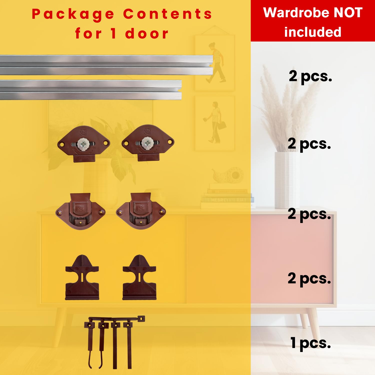 INDAUX Sistema de herrajes para puerta corredera para 1 o 2 puertas. Peso máximo de la puerta: 55 kg. Opción suave (1 puerta, sin cierre amortiguado)