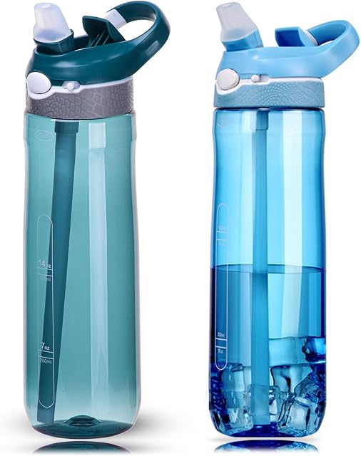 DEARART 2-Pack 24oz Dark Cyan&Light Blue Water Bottles With Straw, Leakproof BPA FREE Hidden Nozzle, Flip Up Lid Has Handle Wide Bottle Easy Clear, Suit Office Sports School Travel Gym Home.