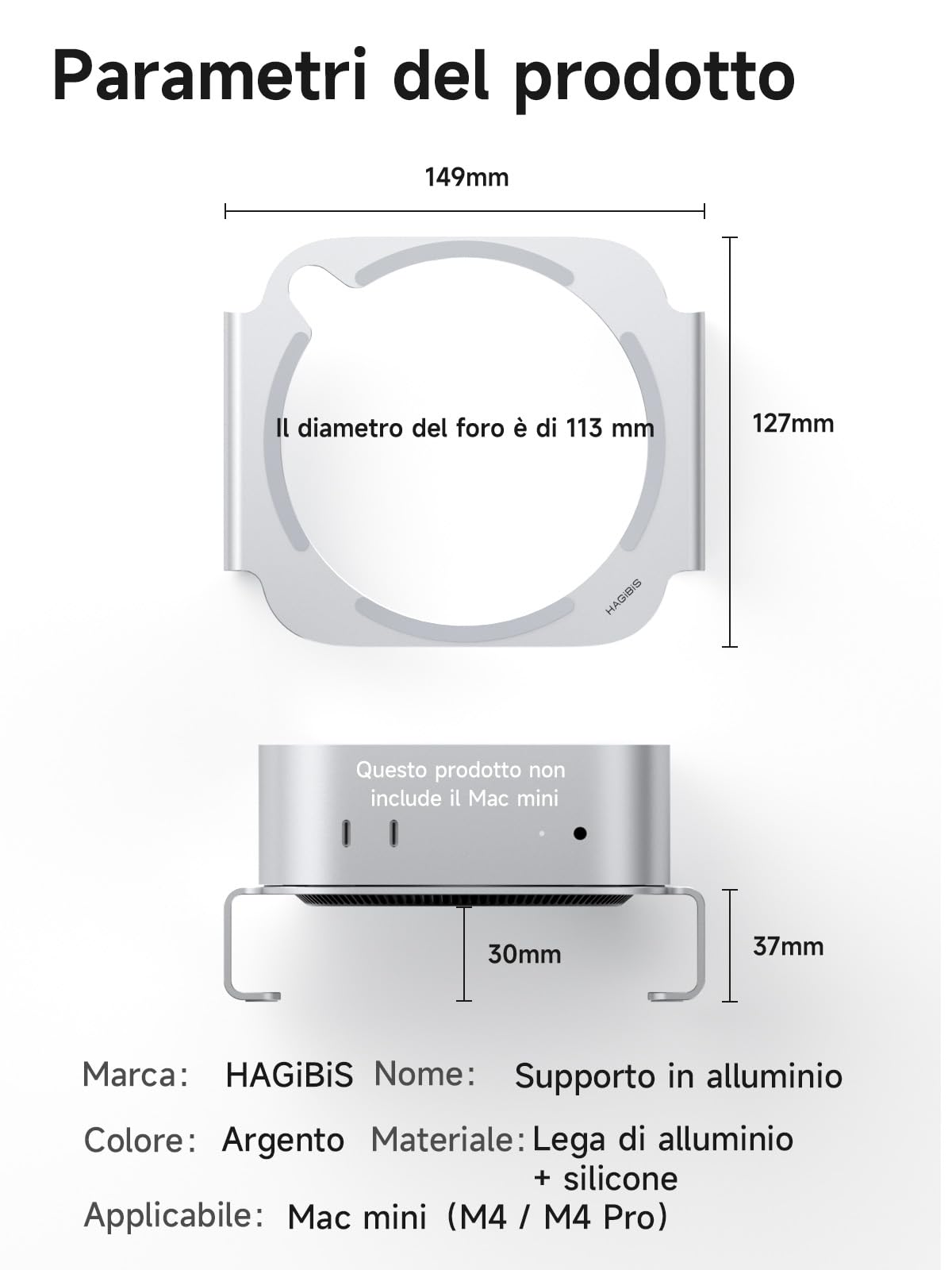 Hagibis Mac Mini M4 Supporto, Compatibile Con Mac Mini, In Lega Di Alluminio – Struttura Rialzata Con Ventilazione E Accesso Facilitato Ai Cavi (MMS03)