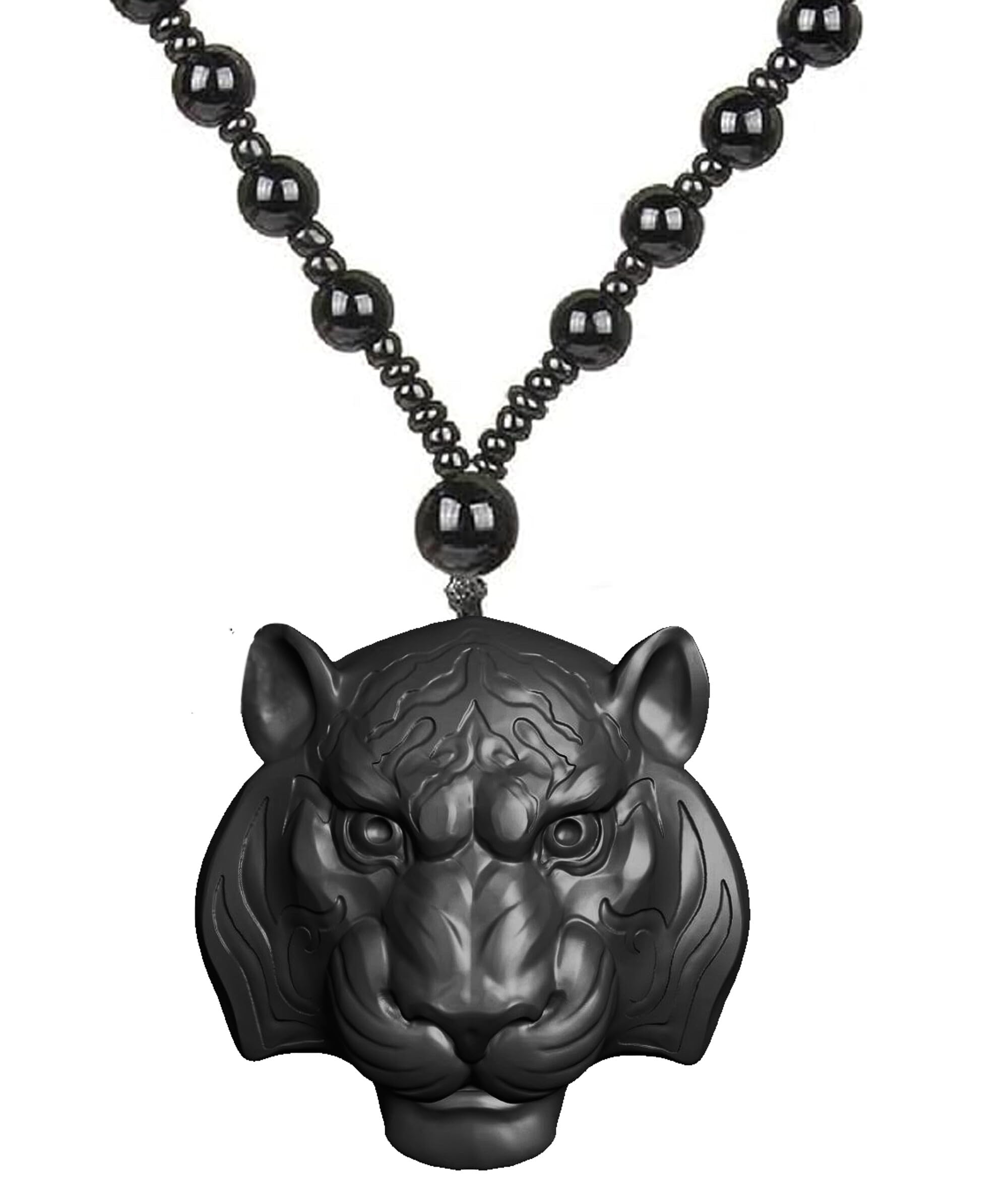 Fierce Tiger Head Charm Pendant Necklace for Men Women Stud Stylish Jewelry Black Color Beads Mala chain Motorcycle Enthusiasts Bike Rider Birthday Gift For Boyfriend, Brother, boy, men