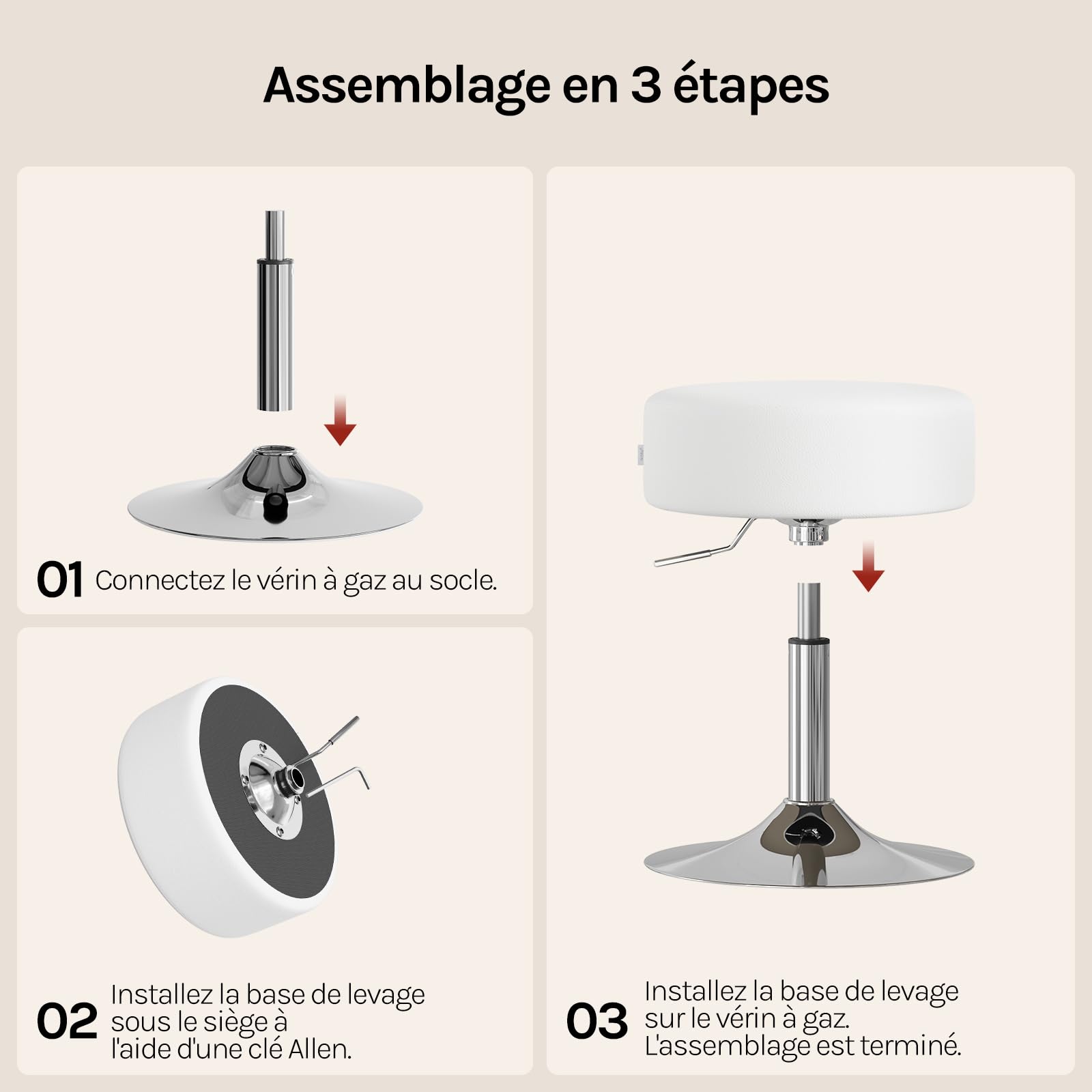 WOLTU Tabouret Coiffeuse, Tabouret de Maquillage, Réglable en Hauteur 44-56cm, Pivotant, Siège Rembourré, Tabouret de Bar Bas Rond pour Salon, Chambre à Coucher, Similicuir, Blanc