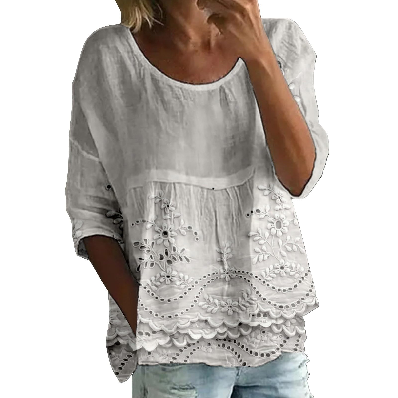 Boho Floral Tops Summer Peasant Blouses for Women Retro Casual 3/4 Sleeve Gauze Cotton Shirts Cute Loose Fit Tunics