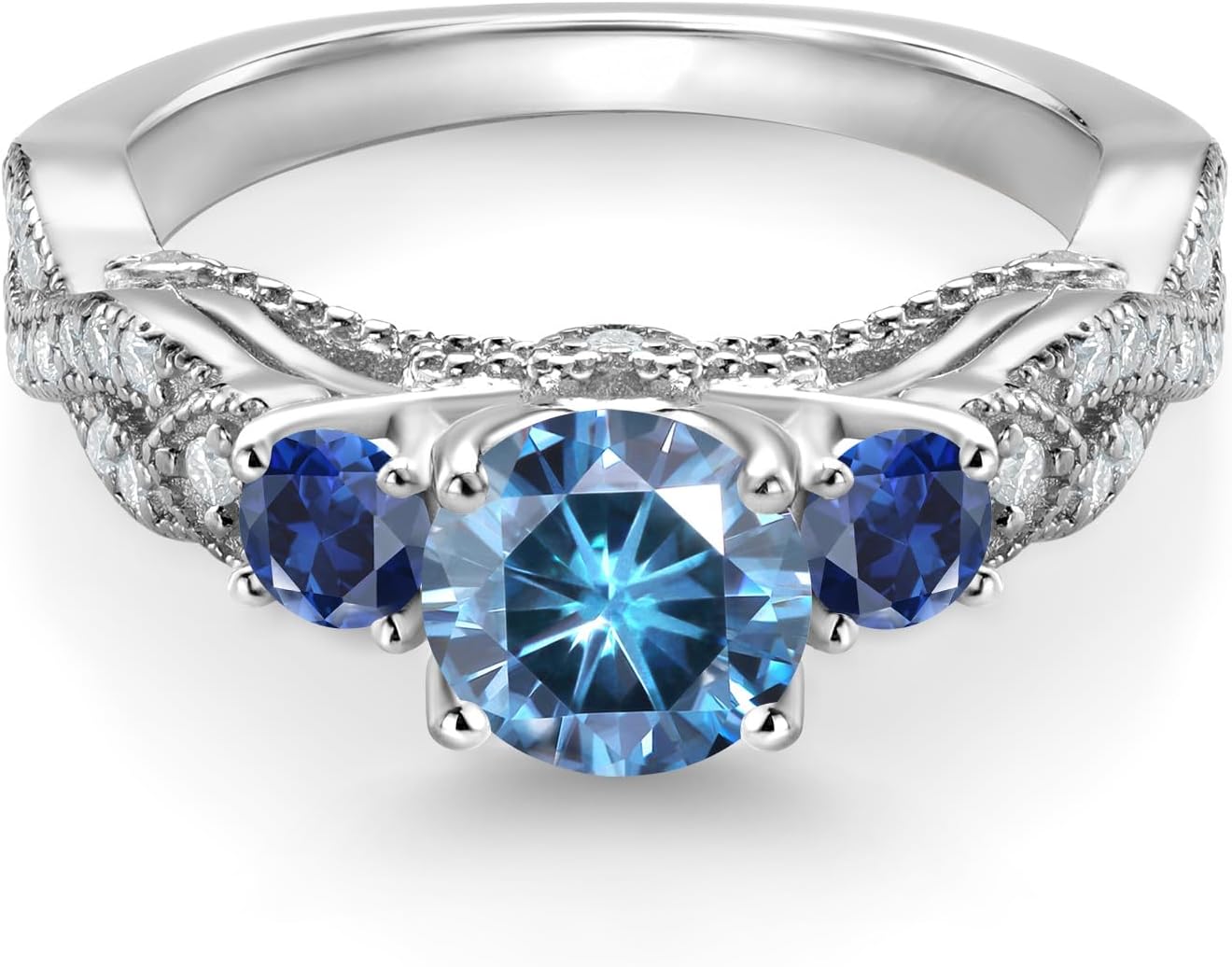 Gem Stone King 1.35 Cttw Persian Blue Moissanite Blue Created Sapphire and White Moissanite Engagement Ring For Women | 925 Silver | Round 6MM and 3MM | Wedding Anniversary Promise Ring
