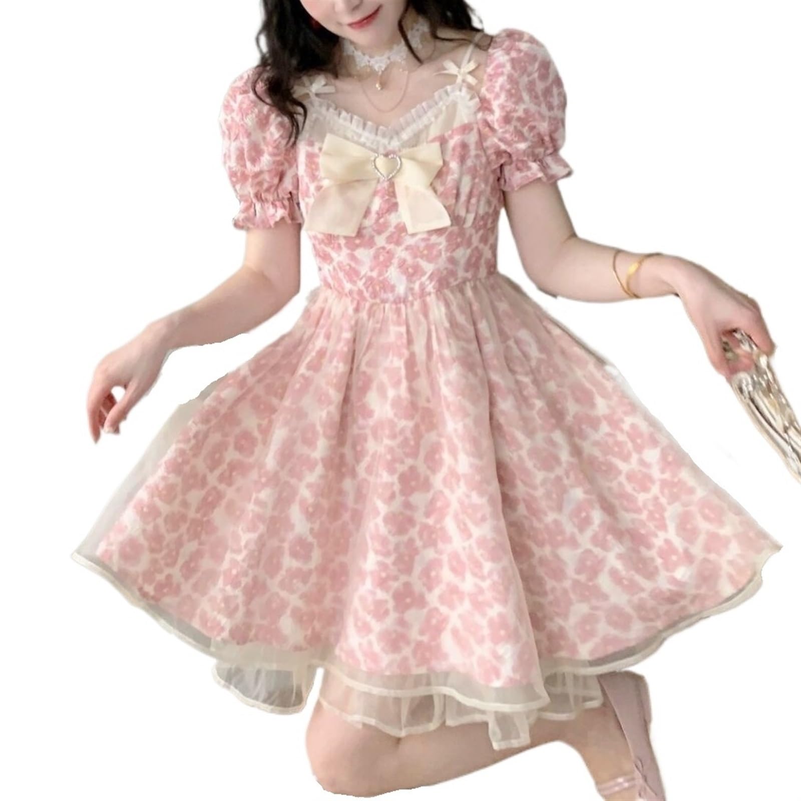 Summer Dress Lolita Party Dress Women Lace Mini Dress Japanese Kawaii Cute Princess Cute Pink Dress (Color : Pink, Size : S)