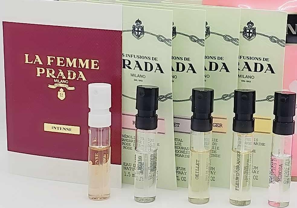 5 piezas Sampler Discovery Set Prada Le Femme, Les Infusions de Prada Mandarine, Les Infusions de Prada Oeillet, Fleur D'Orange, Rosas, Mimosa..