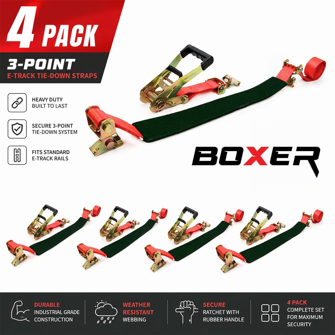 Boxer Pro Series Car Tie Down - E Track Rolling Idler – 2 Inch x 8 Feet - 4 Pack Red Straps - Car Hauler Ratchet Straps for Trailers