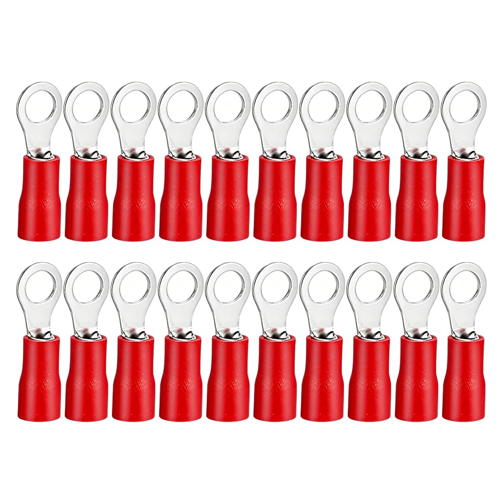 Końcówki kablowe M8, czerwone, 20 sztuk, złączki zaciskowe, 0,5-1,5 mm², końcówki kablowe, okrągłe, izolowane, oczka, M8, dla bezpiecznych połączeń elektrycznych, zestaw końcówek kablowych miedzianych