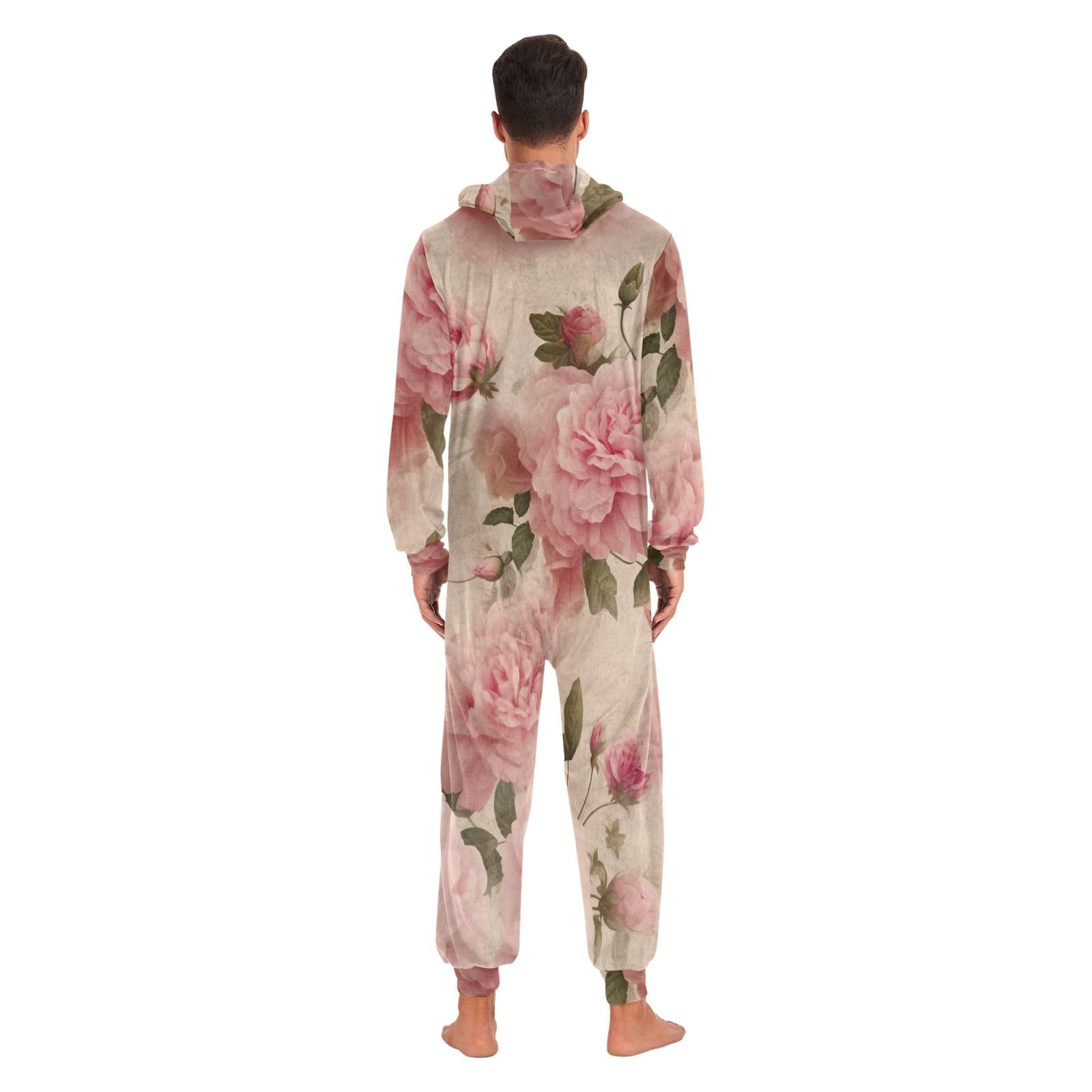 Pigiama intero in pile per adulti con fiori di peonia rosa per donne e uomini con cappuccio e cerniera morbida abbigliamento natalizio