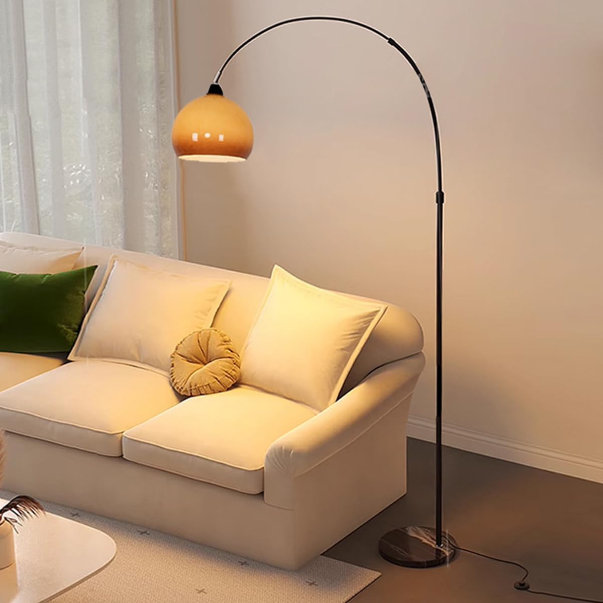 HGJHJJHK Nordic Simple Floor Lamp with Orange Glass Shade Arc Floor Lamps 78.7Inch Tall Standing Lamp with Marble Base Over Couch Arched Reading Light Eye Protection for Bedroom Office (Black)