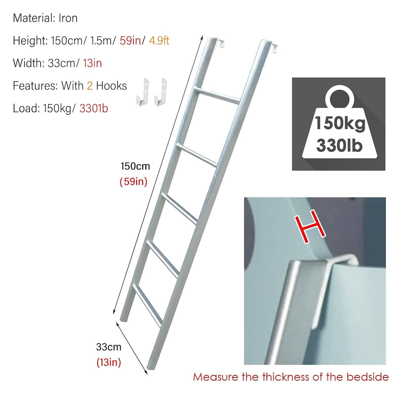 Escalera para literas de autocaravanas de 150 cm (59"). Escalera de Acceso para caravanas y autocaravanas. Escalera Plateada para Adultos. Ideal para Acceder fácilmente a Las literas.
