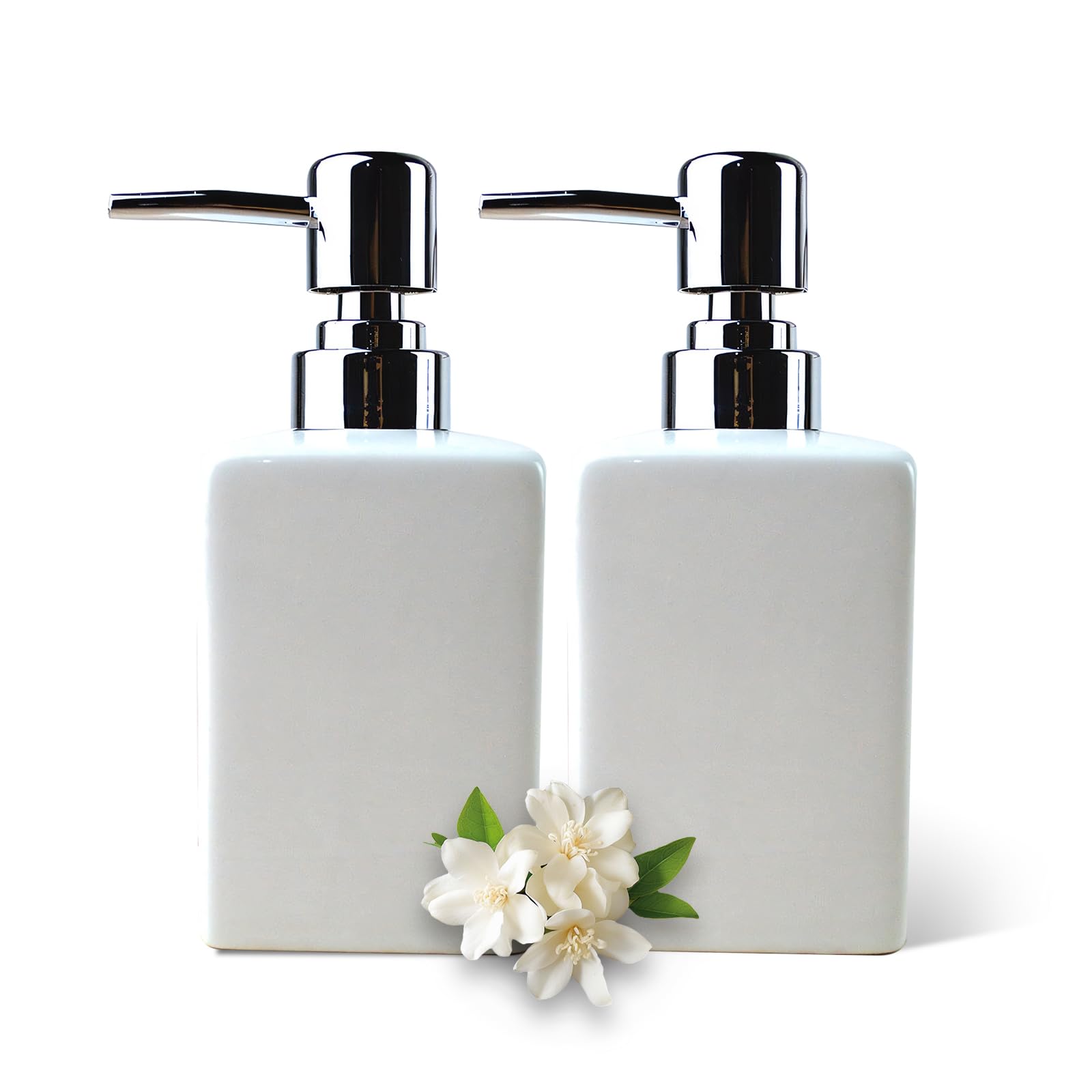 Qudubuy Refillable Square Ceramic Soap Dispenser with Long Spout Lotion Pump Bottle, 2Pcs 320ml Hand Wash Dispenser for Kitchen, Bathroom, Office, and Hotel Use (White)