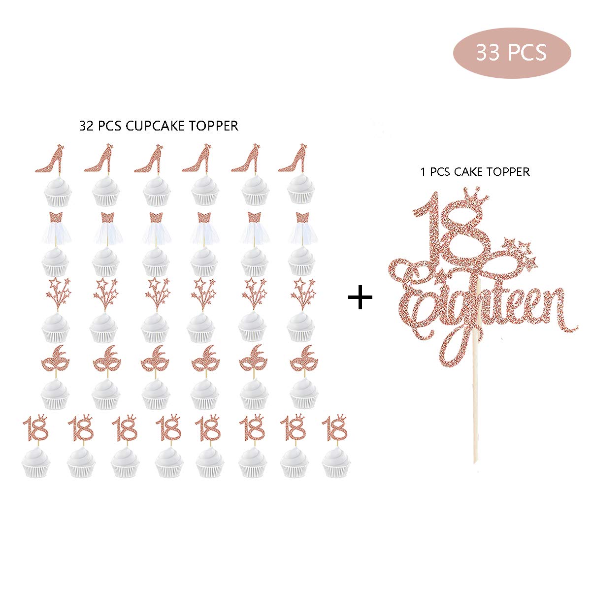 Buy 18 33Pcs Rose Gold Glitter Eighteen Lovely Birthday Party