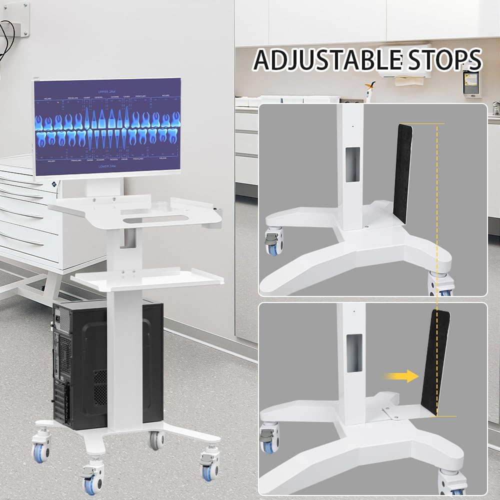 Wózek do kliniki dentystycznej, z dwoma tacami i uchwytem na skaner, wózek medyczny na kółkach, o cichej konstrukcji antypoślizgowej i trwałej metalowej konstrukcji, do szpitali i