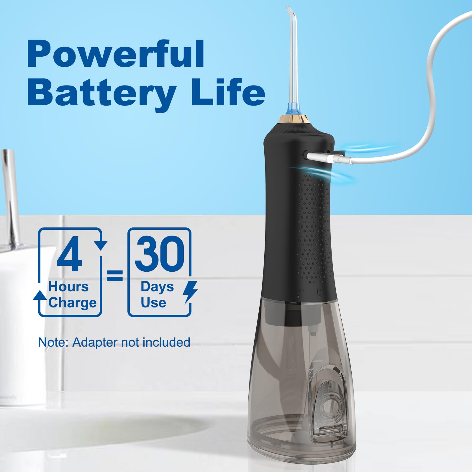 WellLeo Wasserseide für Zähne, 300 ml, schnurlose Munddusche, wiederaufladbar, mit 5 Modi, 5 Strahlspitzen, IPX7 wasserdichter Zahnreiniger für Zahnspangen, Zahnfleischpflege, Heimreise