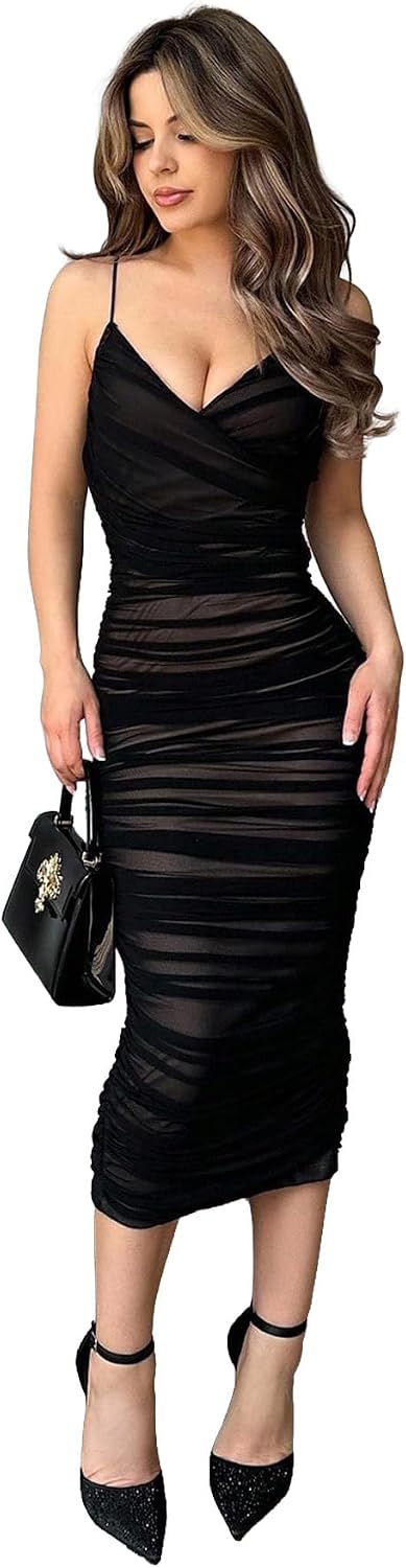 SISKIN Mesh Hollow Out Ruched Slip Dress Midi Bodycon Dress for Women Formal Party Night Out