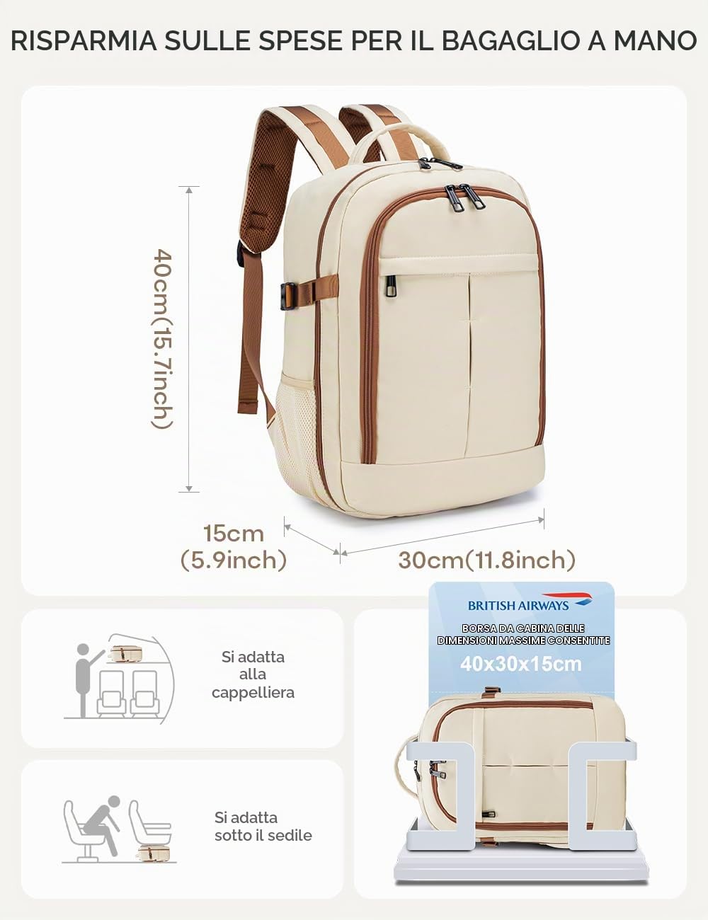BAGZY Zaino British Airways 40x30x15 Bagaglio a Mano 30x40x15 cm per Aereo Air France Iberia Impermeabile Zaini Porta PC 15.6 Pollici Cabin Bag 20L Zainetto da Viaggio Cabina 40 30 15 Uomo Donna Beige