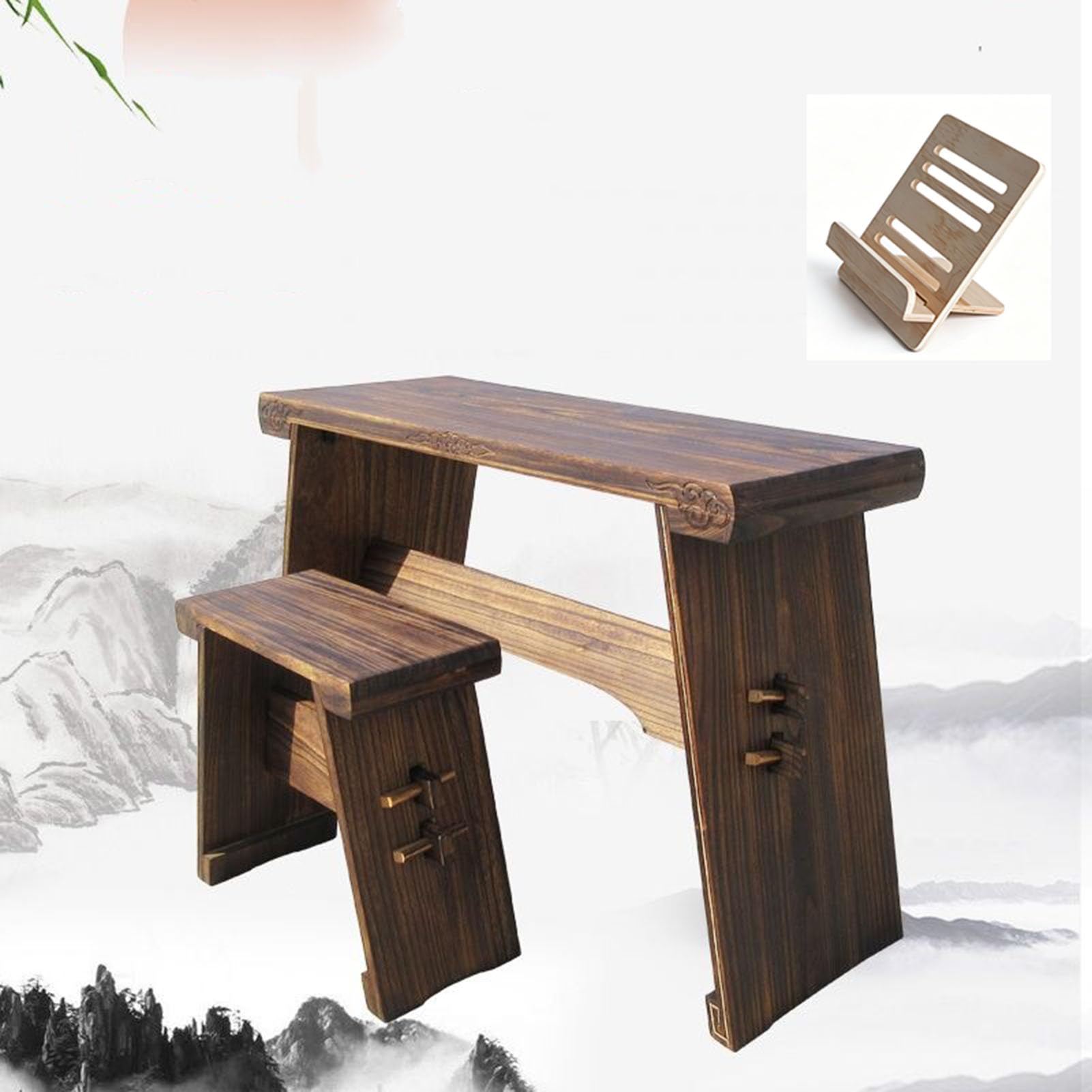 Portable Antique Guqin Table with Bench Music Stand