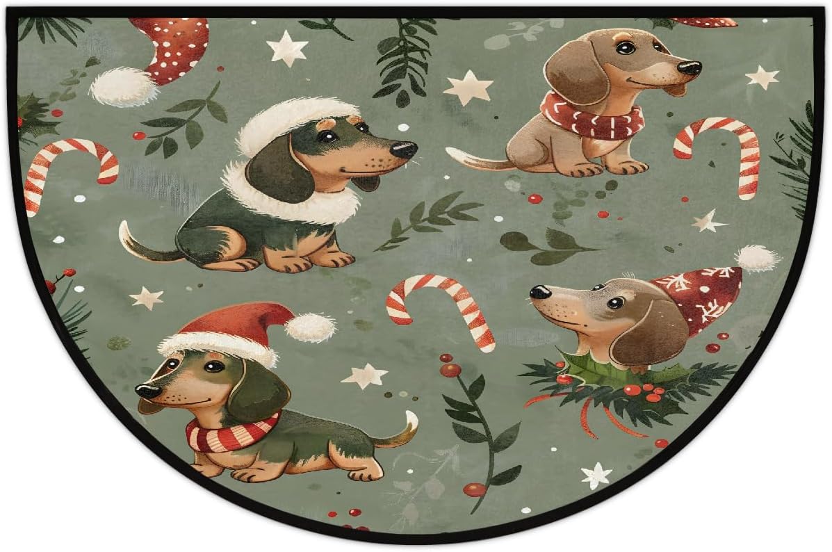 Half Round Doormat Non-Slip Washable Cute Christmas Animal Dog Semi Circle Rug Soft Absorbent Half Moon Mat for Indoor Outdoor Entrance Kitchen Bathroom Sink Patio Welcome Fireplace Floor Rug