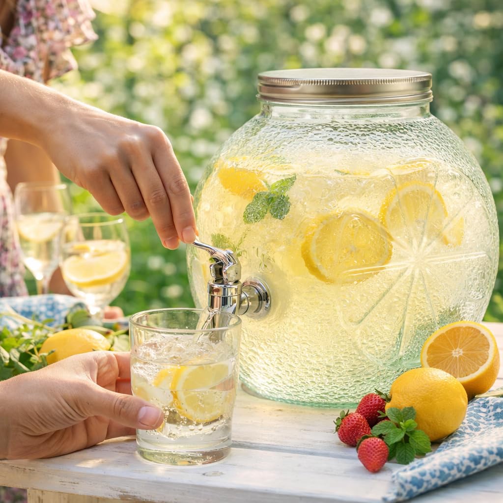Dispenser Bevande in Vetro 5L con Rubinetto e Tappo Acciaio – Barattolo Porta Bibite 25x25 cm per Acqua, Cocktail, Eventi, Feste, Catering – Design Elegante e Compatto