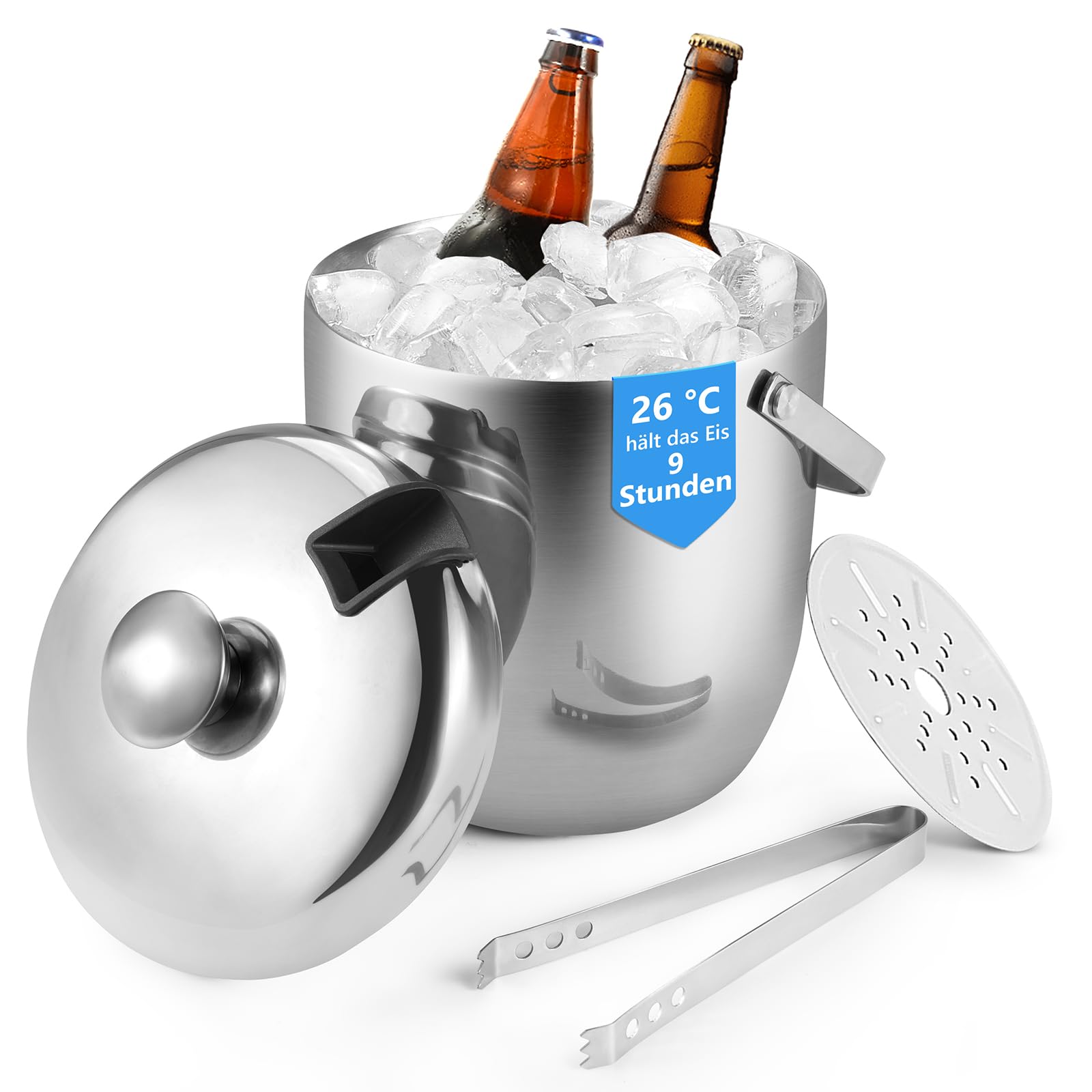 Eiswürfelbehälter Großer 3L Eiswürfel Behälter, Isolierter Edelstahl Doppelwand Eiseimer, Eiskübel mit Deckel und Eiszange, Perfekt für Kalte Getränke