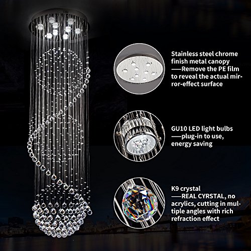 Image of Modern Crystal Chandelier Spiral Sphere Design 9 Light Crystal High Ceiling Light Chandelier for Living Room Hotel Stairs Foyer Entryway Height 79 inch Flush Mount Diameter 24 inch