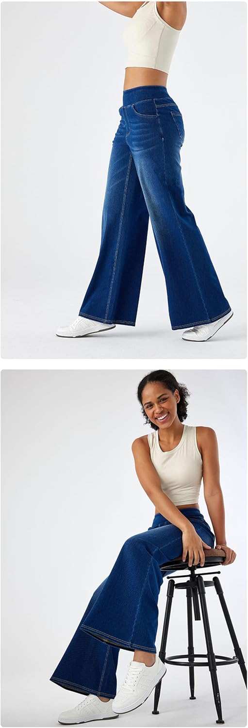 Womens Elastic Waist Jeans, Womens Straight Leg Sweatpants, High Waisted Stretchy Pull On Wide Leg Denim Pants with Pockets