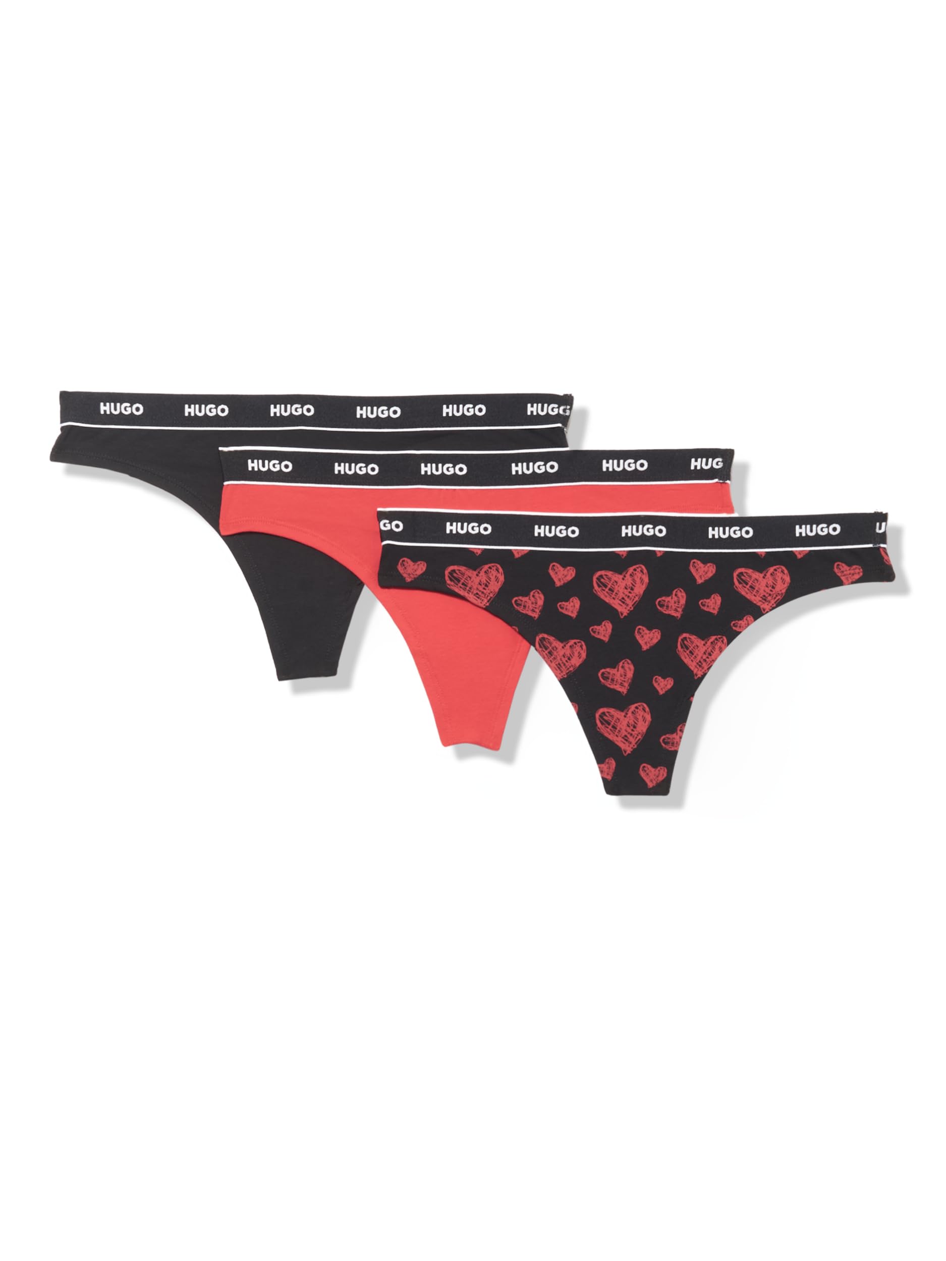 HUGO Women's 3-pack Repeat Logo Cotton Stretch Thongs, Black/Hearts/Candy Red, XS