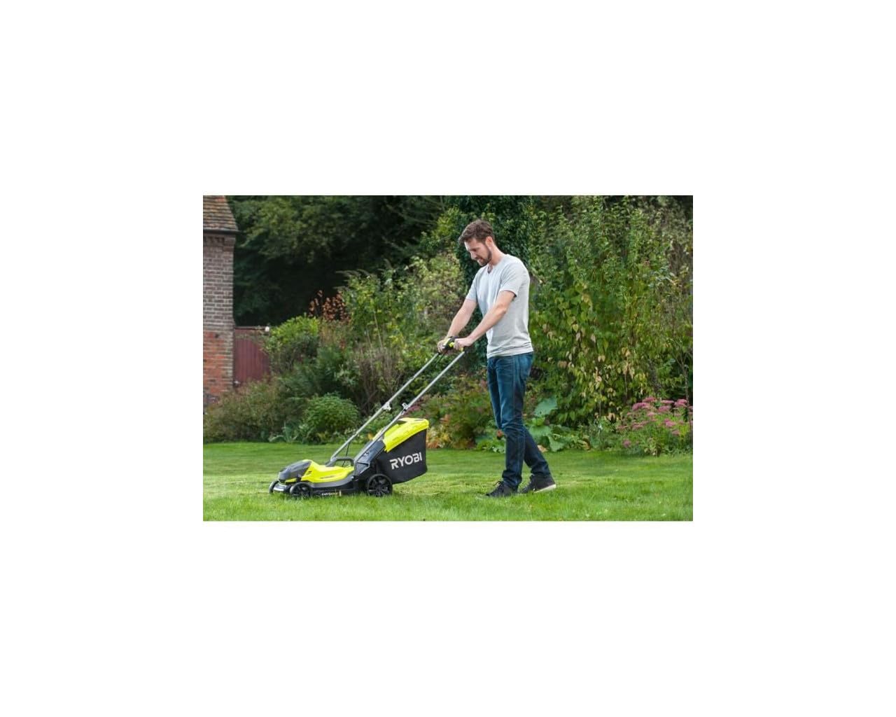 Tondeuse RYOBI 18V One+ RLM18X33B40 avec Batterie 4.0Ah et Chargeur, Coupe-Bordures Offert - Largeur de Coupe 33cm, Bac 35L, Idéale pour Jardins jusqu'à 200m².