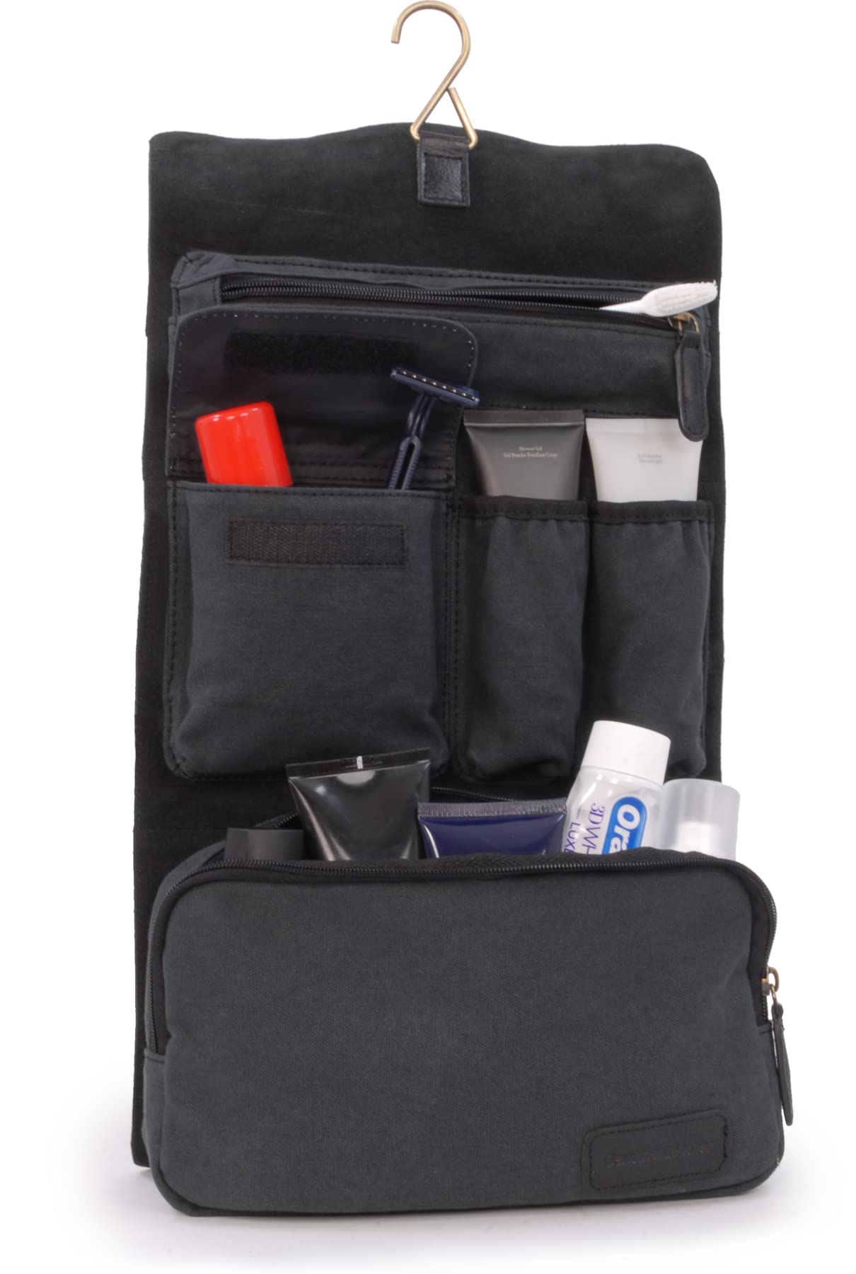 Ashwood - Beauty case da viaggio da uomo - Pelle e tela - Borsa da bagno media - Borsa da doccia sospesa - HAMMERSMITH 7010