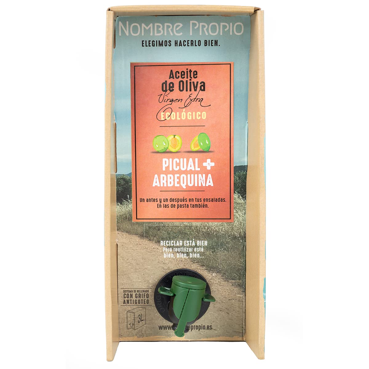 NOMBRE PROPIO EVOO Arbequina Huile d'olive vierge extra bio - 100 % espagnole - Format bag-in-box pratique - 3 L (Picual Arbequina) - Riche en polyphénols