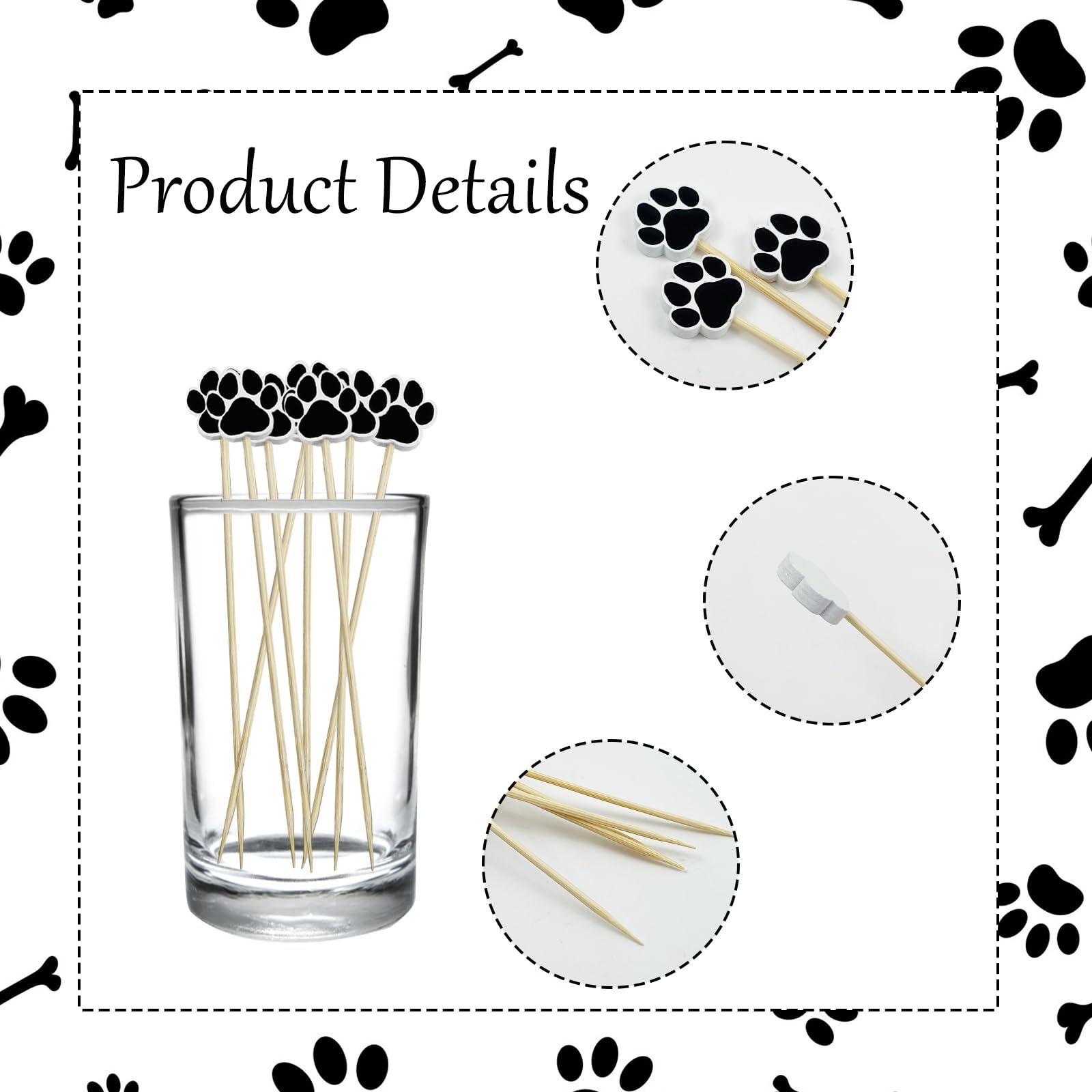 200 palillos de cóctel, palillos de dientes elegantes de 4.7 pulgadas para aperitivos, pinchos decorativos para frutas, alimentos, bebidas, suministros de fiesta, estilo pata de perro