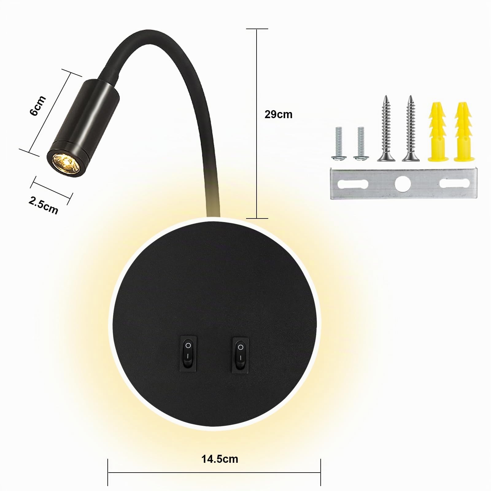 LED Lampada da parete Comodino Lampada da parete da lettura 12W LED Lampade da parete Faretto regolabile 3W + 9W 3000K Luce calda (forma rotonda nera)
