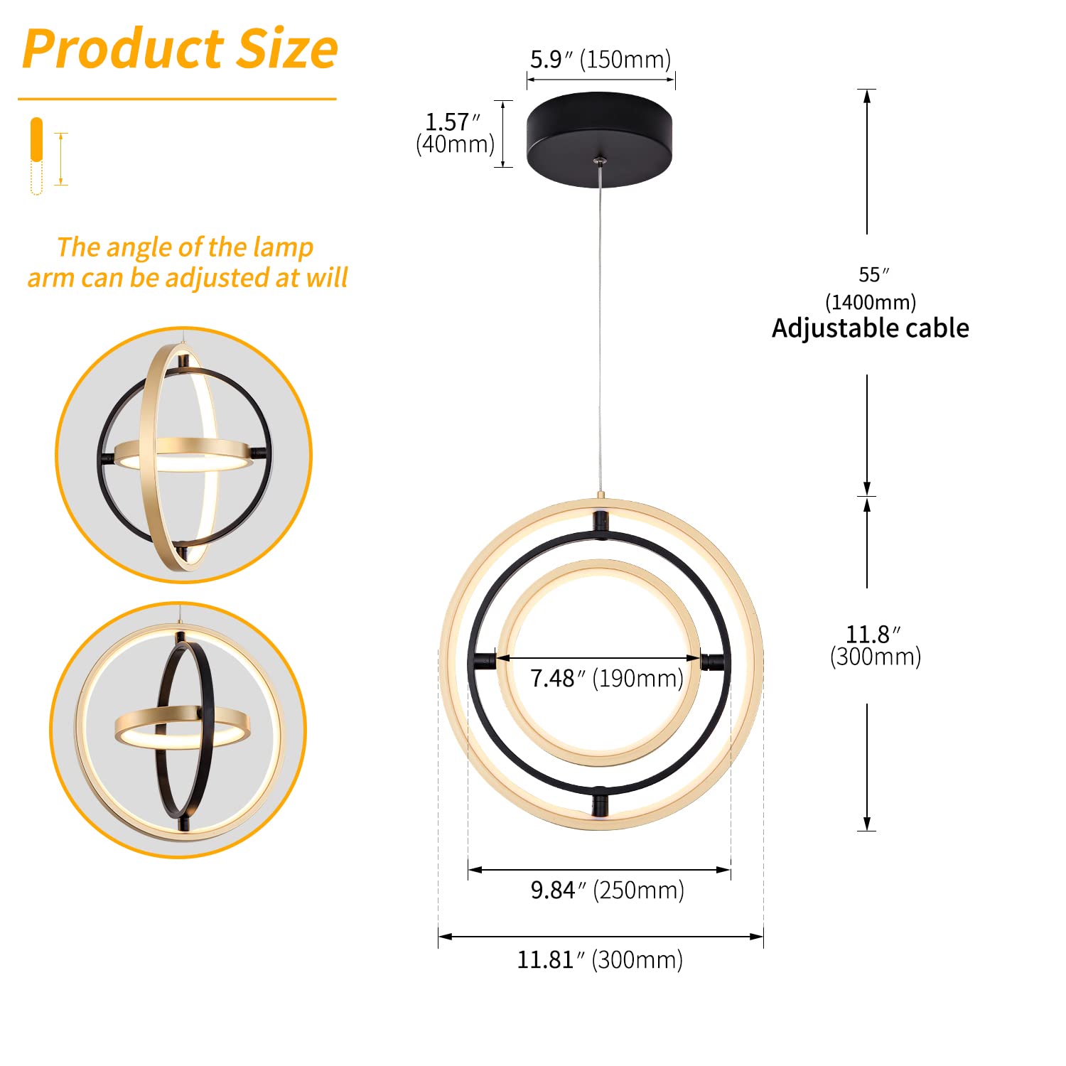 DotoKotl modern LED chandelier DIY creative chandelier adjustable hanging chandelier round ring 3 ring 4000K warm white light fixture for dining room bedroom kitchen island hall black gold (D = 11.8")