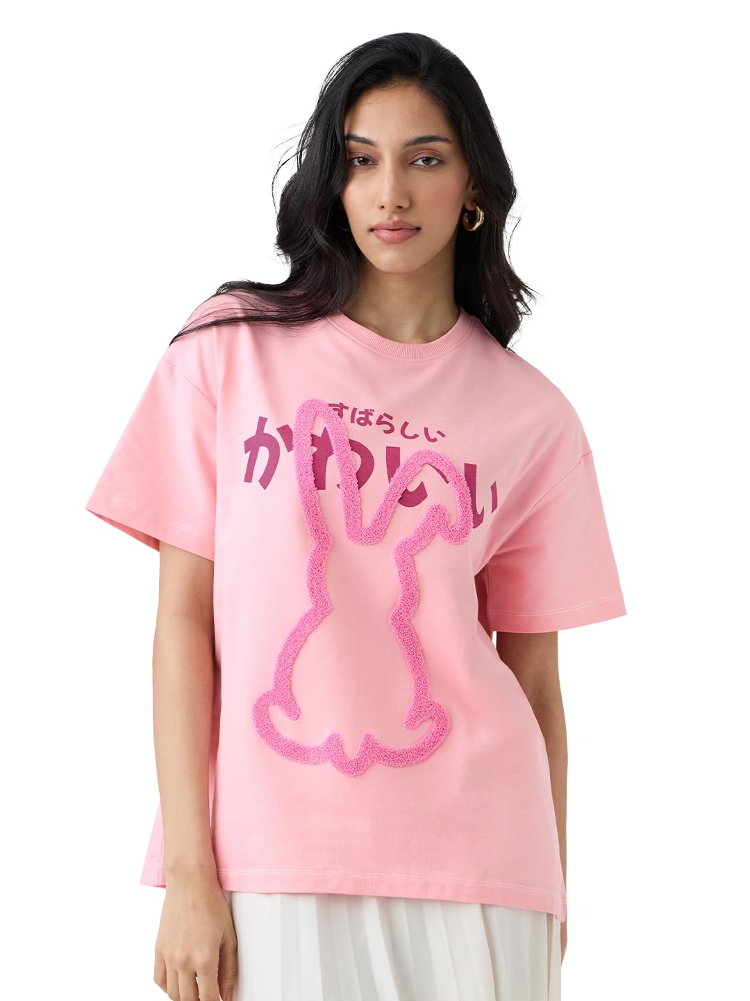 the souled store Oversized T-Shirt: Bunny Women and Girls Short Sleeves Round Neck Pink Embroidered Cotton Oversized T-Shirts-picture-11