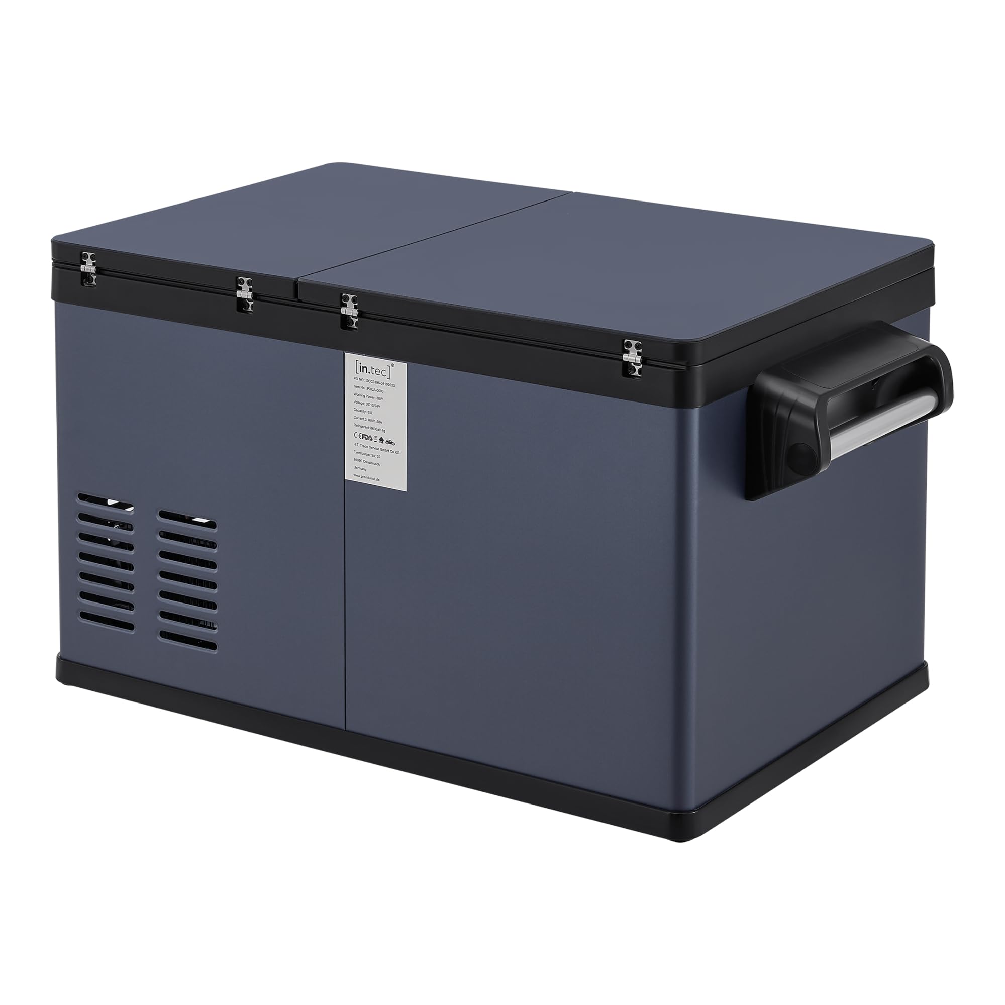 in.tec Alberona lodówka samochodowa z kompresorem, 26 l, elektryczna zamrażarka do samochodów i gniazdka, 12/24 V, przenośna, stalowa, niebiesko-szara
