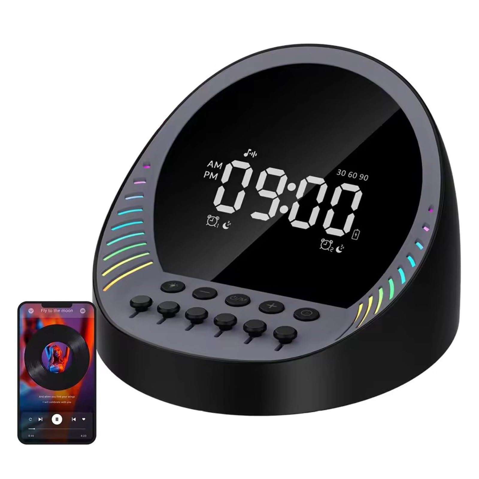 Máquina De Sonido Inteligente De Ruido Blanco Con Altavoz Inalámbrico Bluetooth, Luz Nocturna Ambiental De Colores Dinámicos Y Reloj Despertador Digital; Sonidos Relajantes De La Naturaleza(Negro)