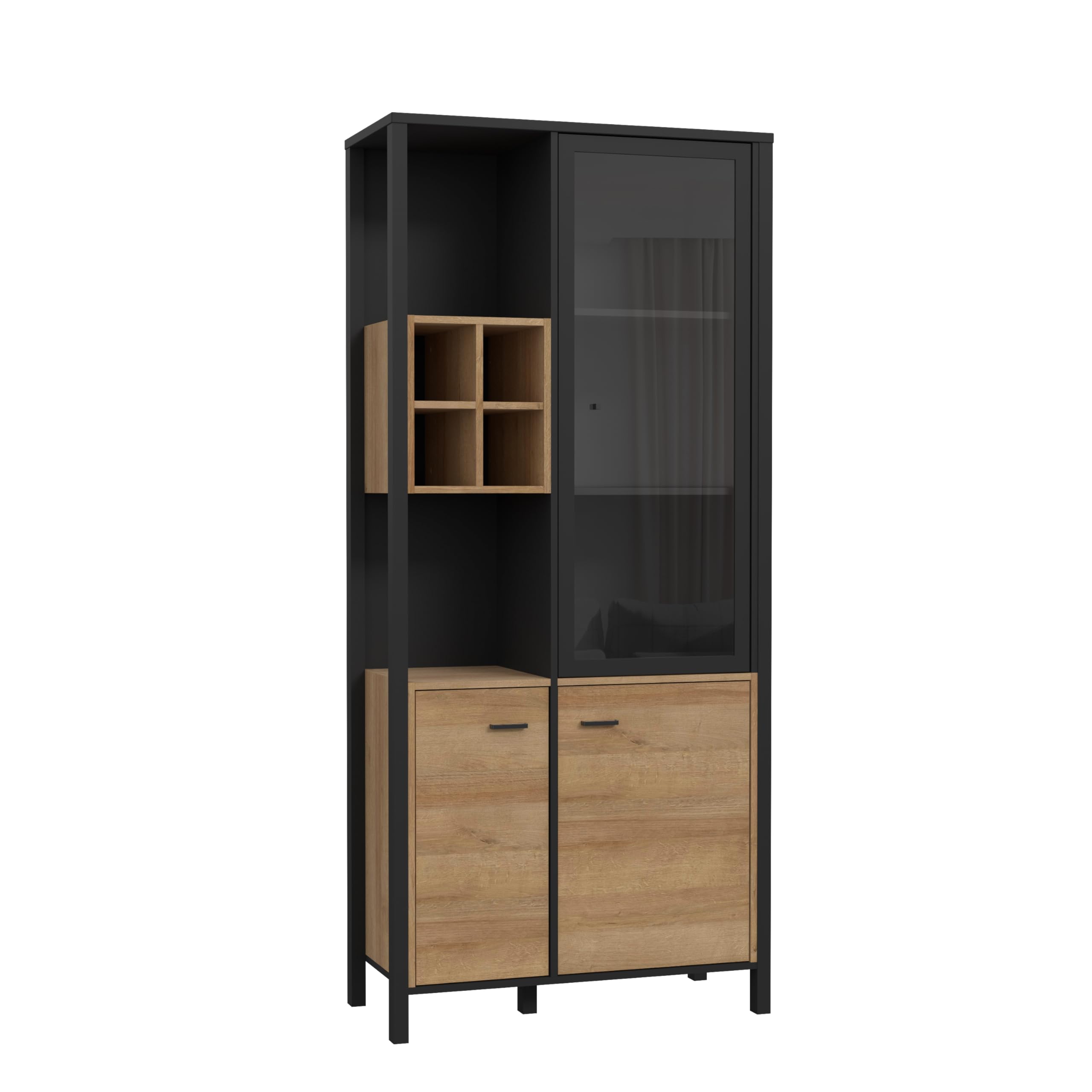 Forte HIGH Rock Vitrine 90, Vitrine mit 2 Türen und 1 Glastür, Standvitrine, Industrial Stil Vitrine, Holzwerkstoff, Riviera Eiche Holzdekor/Schwarz, 86,3 cm breit x 193,9 cm hoch x 40,2 cm tief