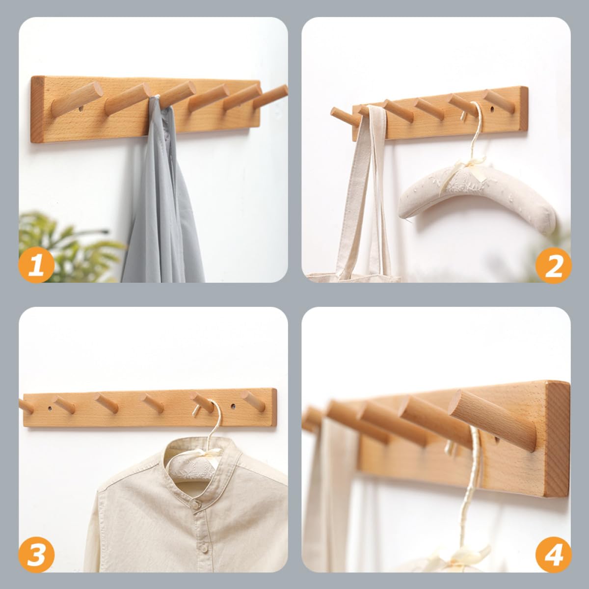 Perchero de Pared de Madera con Ganchos Adhesivos sin Taladro Diseño Simple y Elegante para Organización y Decoración del Hogar