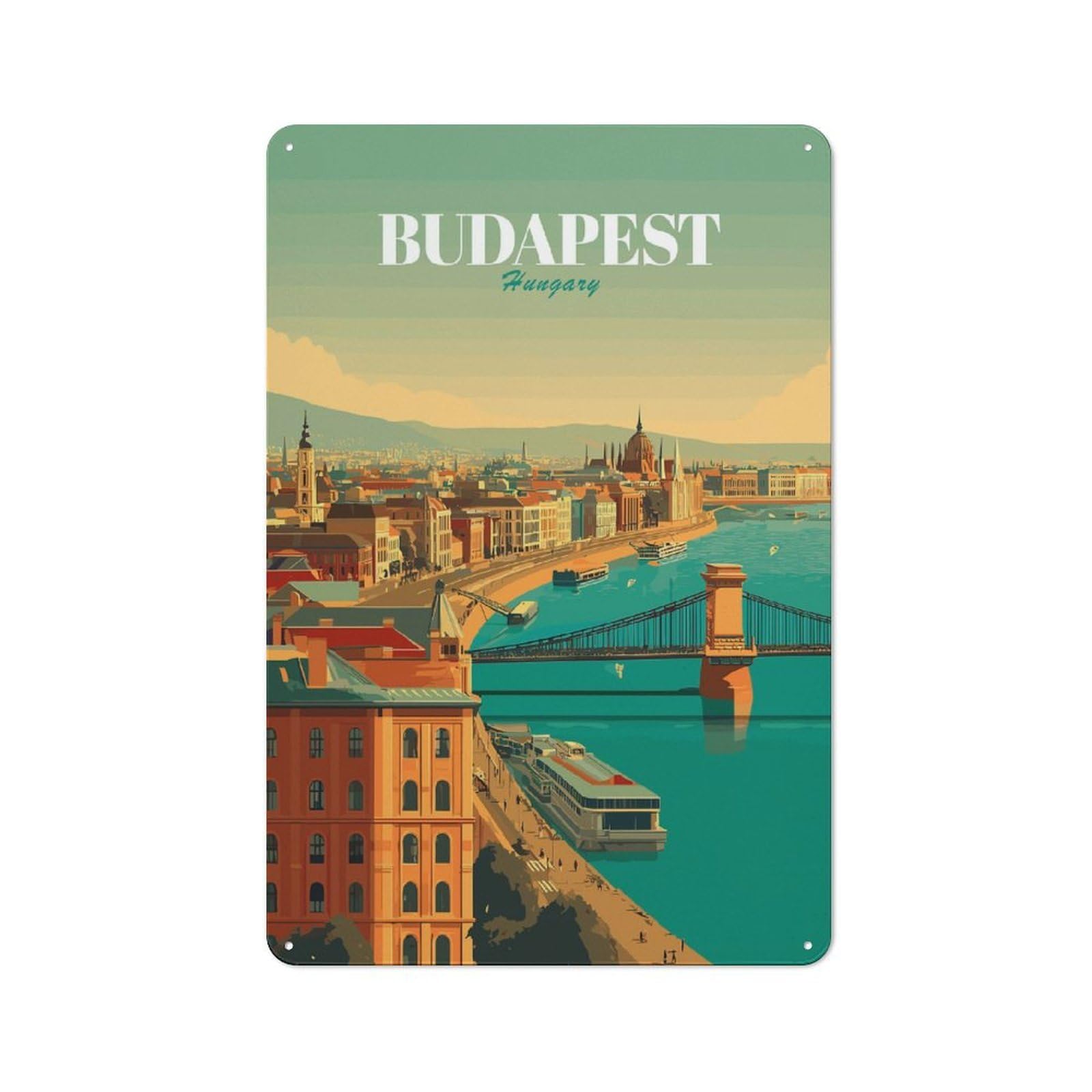 Junmoney Style-9 Metal Gift Sign With Budapest Hungary Cityscape Design 30X20cm, Character Room Wall Plaque For Flat, Dorm Room, Lounge Or Cafe
