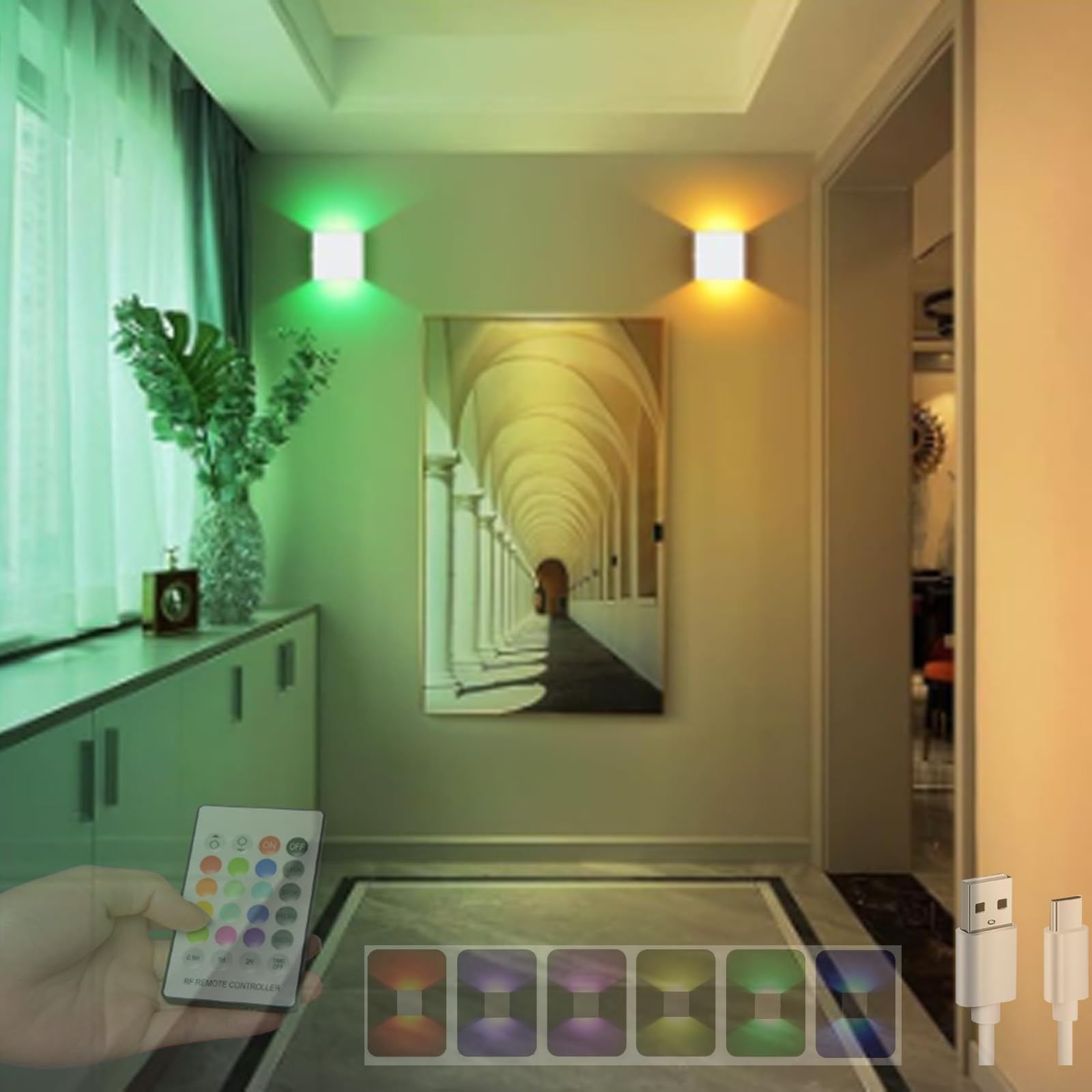 RGB Wandlampe mit Fernbedienung LED Wandleuchte 16 Farben LED Beleuchtung Wandleuchten USB Wiederaufladbare Zimmer Deko Familienfeier Atmosphärenlicht Treppen Wohnzimmer (Weiß,2 Stück)