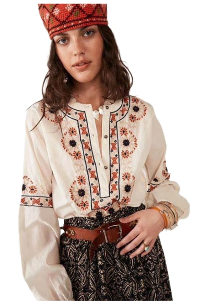 GoSriKi Womenâ€™s Boho Embroidered Cream Tunic Top â€“ Handcrafted Floral & Geometric Threadwork | Long Sleeve Peasant Blouse with Split Neck |Ethnic Bohemian Shirt for Casual in cream