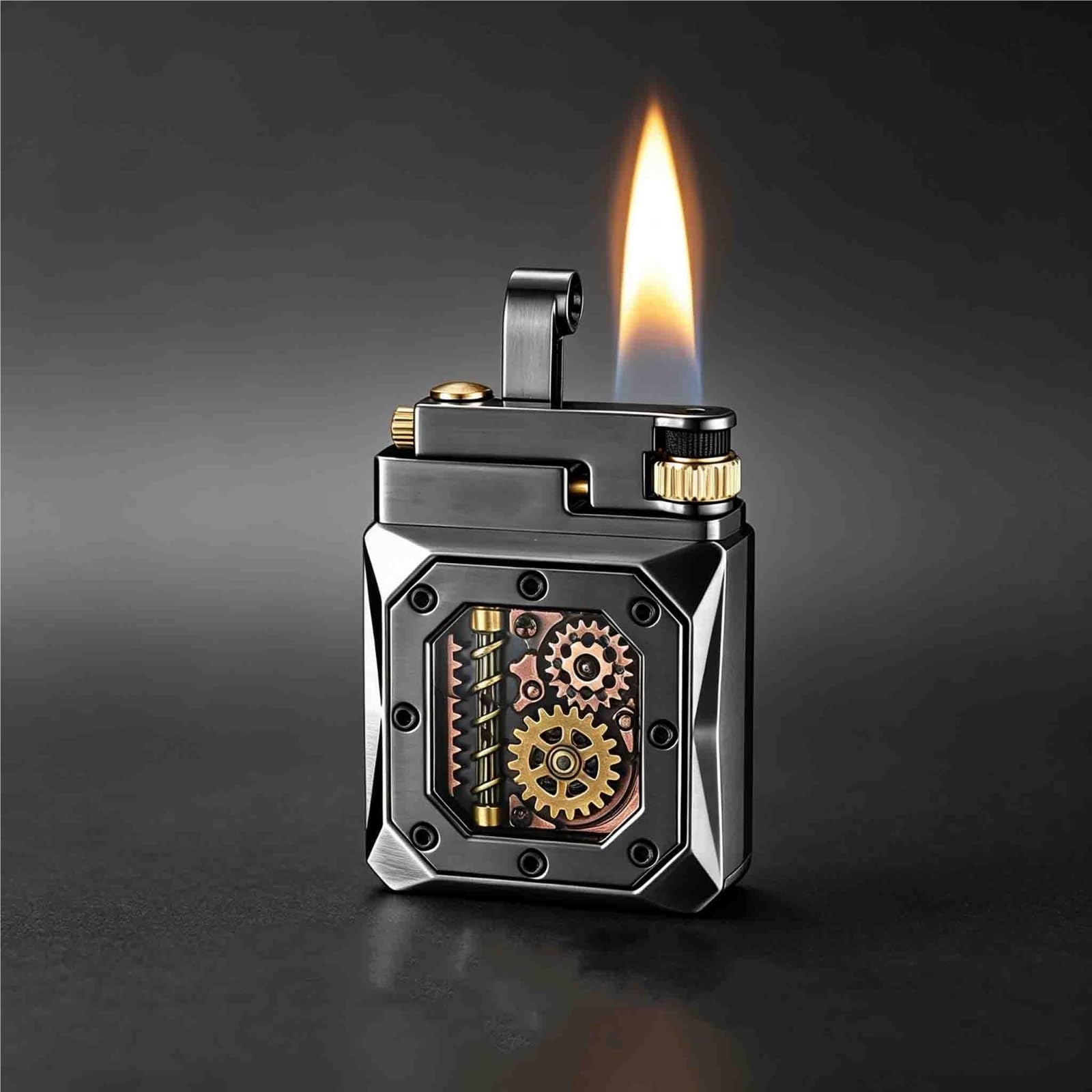 Encendedor de queroseno recargable estilo retro con ventana visible y engranajes mecánicos